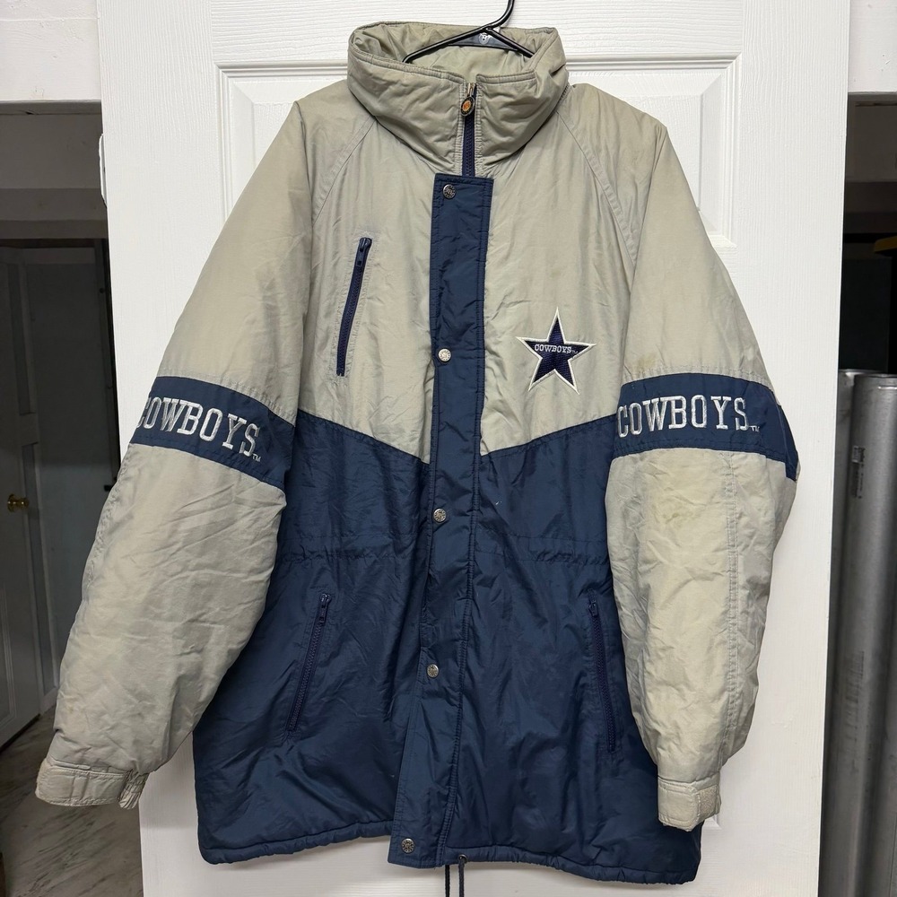 Vintage NFL Game Day Dallas Cowboys Nylon Puffer Coat Jacket Mens XL Blue Grey